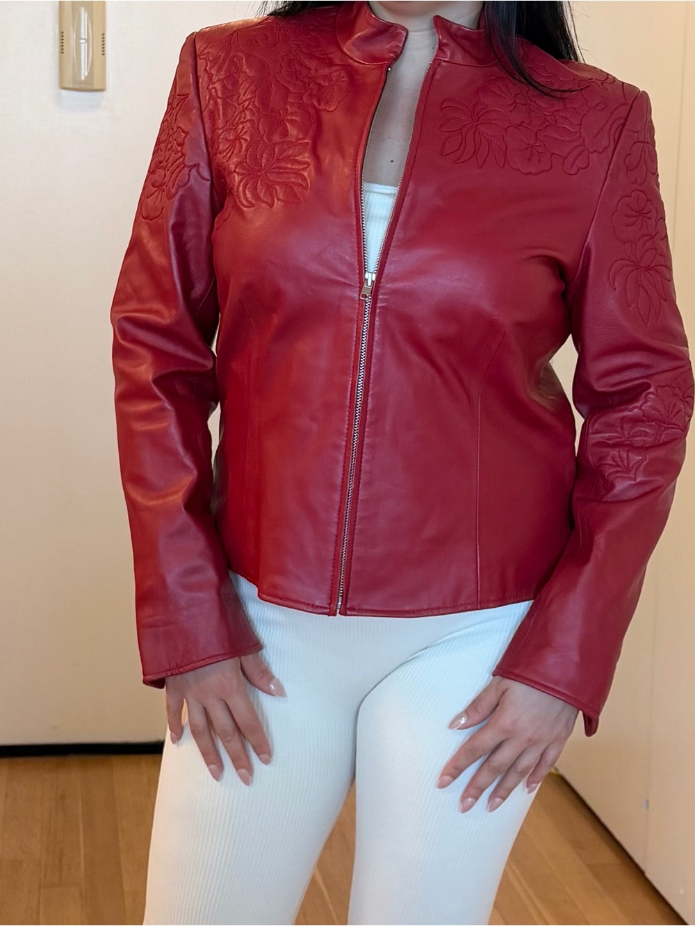 90s Vintage Crimson Floral Red Leather Jacket L
